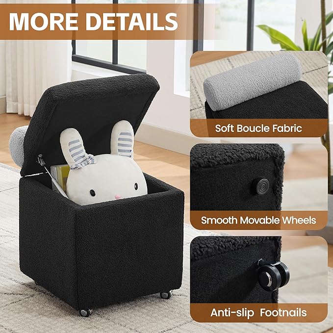 Boucle Vanity Chair with Storage, Swivel Vanity Stool with Safety Hinge, Upholstered Makeup Chair with Wheels, Square Ottoman Stool for Living Room, Dressing, Bedroom, Black