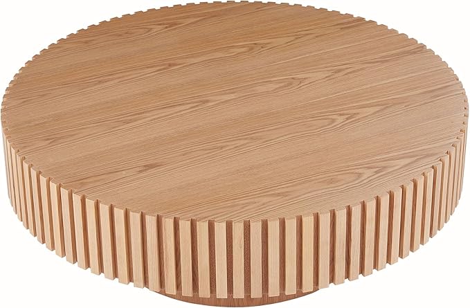 31.49'' Original Wood Color Small Round Coffee Table for Apartment, Modern Living Room Coffee Table with Sturdy Pedestal for Small Space