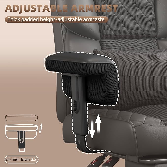 Vonesse Big and Tall Office Chair, Computer Chair with Soft Adjustable Armrests, Ergonomic High Back Gaming Chair with Lumbar Support, Executive Chairs with Footrest (PU Leather + Mesh Fabric,Black)