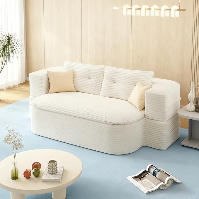 79" Foldable Floor Couch, 2-Seat Convertible Sleeper Sofa with Blanket and 2 Soft Pillows, Corduroy Fabric, for Living Room, Bedroom, Apartment, No Assembly Required, Beige
