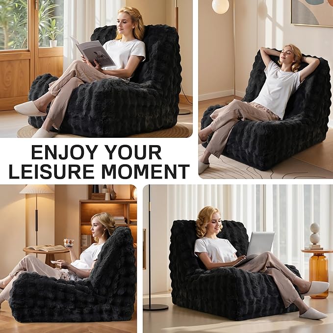 Bean Bag Chair for Adults, Giant Beanbag Lounger with Plush Faux Fur, Comfy Memory Foam Chair Floor Lazy Chair for Living Room Bedroom Dorm Apartment Reading Nook，Dark Grey