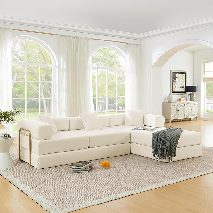 108" Convertible Sleeper Sofa Bed, Corduroy Folding Sofa Bed with Fixed-Shape Frame, Fold Out Floor Mattress Couch, Lazy Compression Sofas for Living Room, Bedroom, No Assembly Required,Beige