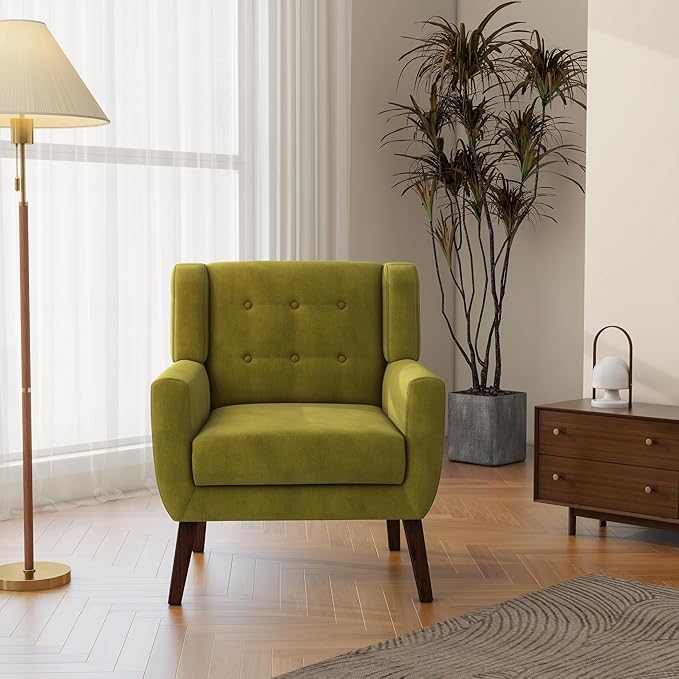 Accent Chair, Mid-Century Modern Velvet Fabric Chairs with Arms for Living Room, Comfy Upholstered Club Single Sofa Armchair for Bedroom Waiting Room with Solid Wood Frame (Velvet Green, Set of 2)