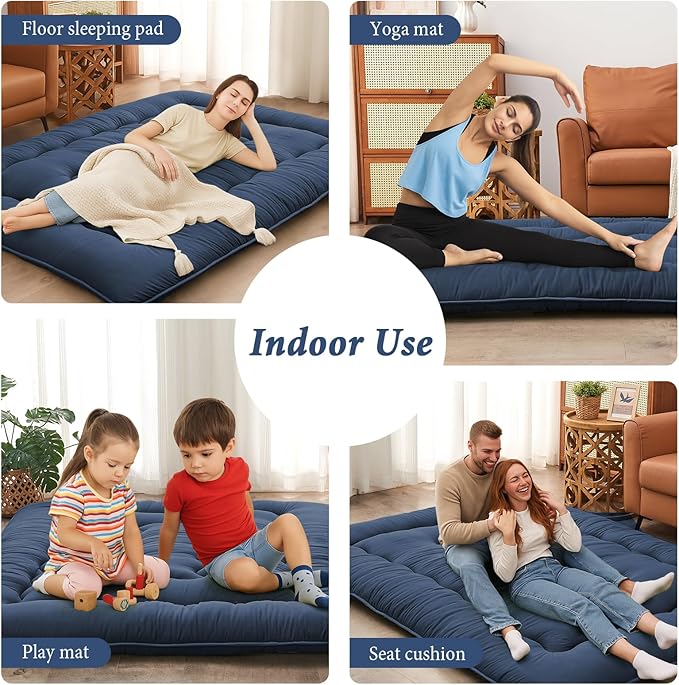 DAICO Japanese Floor Mattress, 4'' Thicken Futon Mattress Tatami Mat, Sleeping Pad Foldable Roll Up Mat for Camping and Guest Room, Twin Size 39''*80'', Navy