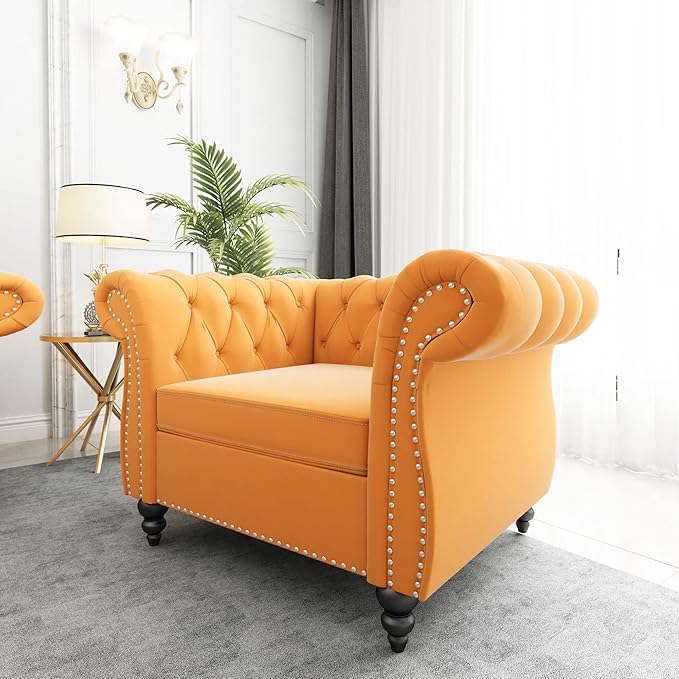 QHITTY Accent Chair, Chesterfield Chair Modern Velvet Upholstered Chairs with Tufted Back for Living Room Furniture (Mango)