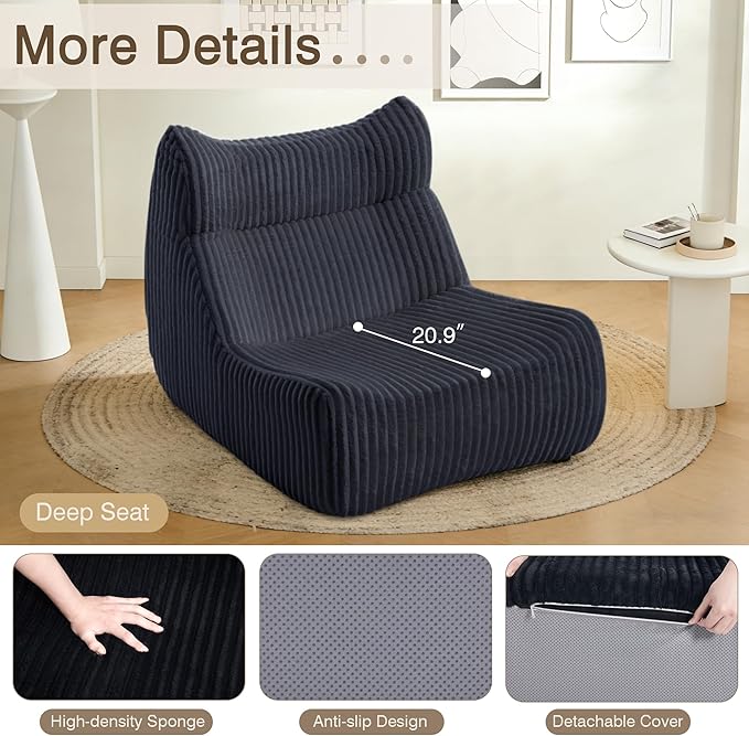Big Bean Bag Chairs, Lazy Floor Sofa, Fireside Chair for Living Room, Bedroom, Office (Black, Single Seat)