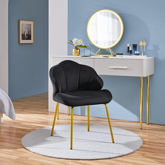 Yaheetech Vanity Chair, Velvet Accent Chair with Shell-Shaped Backrest, Modern Armchair with Gold Metal Legs for Dressing Room/Bedroom/Living Room, Black
