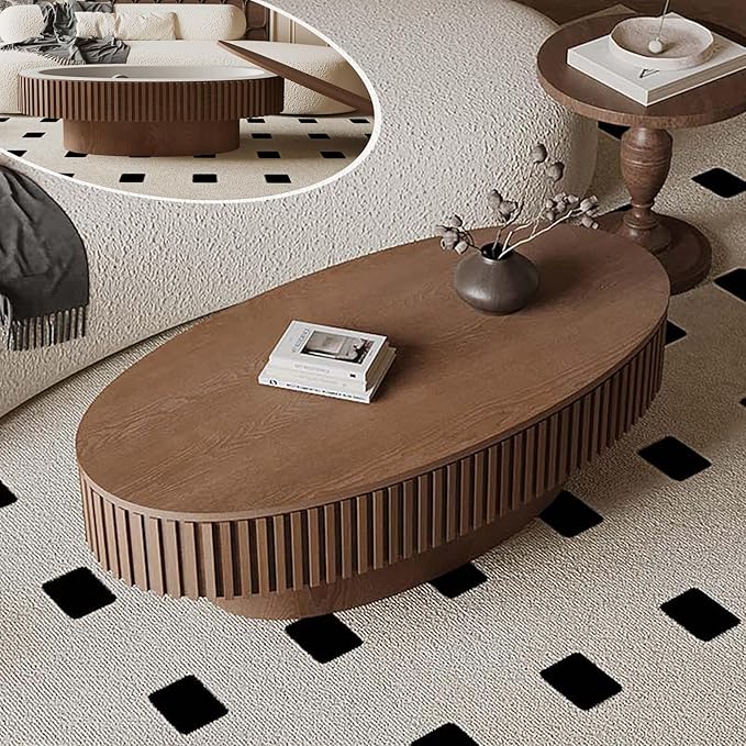 FGXJY Oval Coffee Table with Storage, Modern Walnut Coffee Table with Solid Wood Veneered, Fluted Center Table Wood Drum Tea Table for Living Room Apartment, 47.2''L×23.6''W×14.2''H