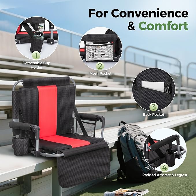GREEN PARTY Stadium Seat for Bleachers Portable Outdoor Floor Folding Stadium Chair with Armrest, Back Support, Cup Holder, Mesh Bag and Hide Hooks
