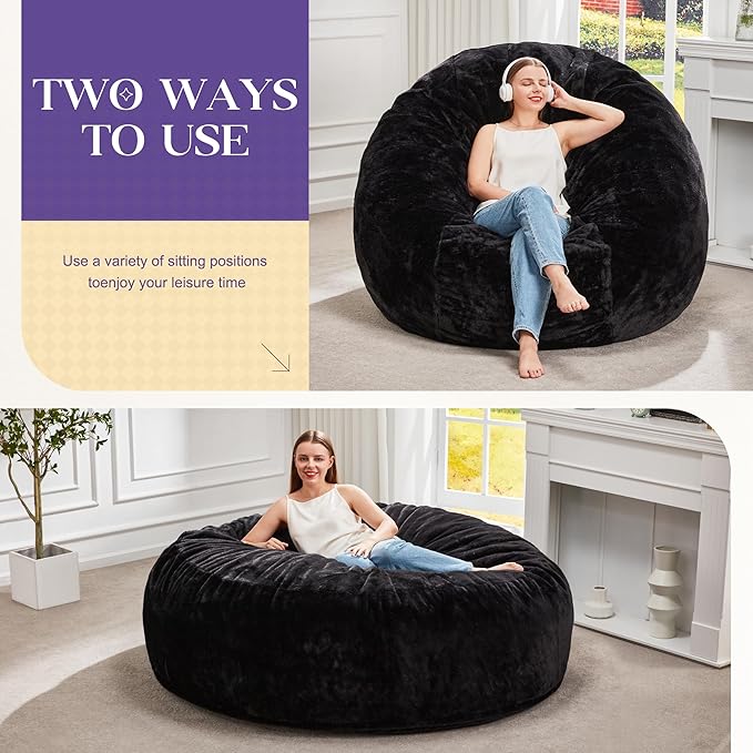 Hobestluk Bean Bag Chairs Giant Beanbag Chair with Filler, Memory Foam Bean Bags with Fluffy & Machine Washable Cover, Bean Bag Chairs for Aduts for Living Room, Bedroom (BLACK, 5FT - 50” x 50” x 24”)