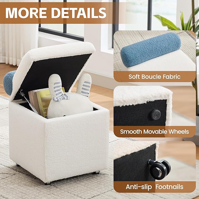 Boucle Vanity Chair with Storage, Swivel Vanity Stool with Safety Hinge, Upholstered Makeup Chair with Wheels, Square Ottoman Stool for Living Room, Dressing, Bedroom, White