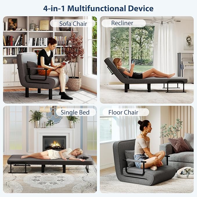 Furniliving 4 in 1 Folding Sofa Bed Chair, Convertible Sleeper Chair Bed with 6-Position Adjustable Backrest, Upholstered Chaise Lounge with Pillow, Accent Chairs for Bedroom, Linen, Darkgrey, 2