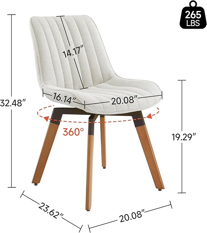 Art Leon Swivel Dining Chairs Set of 2, Mid Century Modern Kitchen Dining Room Chairs, Upholstered Fabric Armless Side Chair with Wood Legs for Living Room Bedroom, Off White