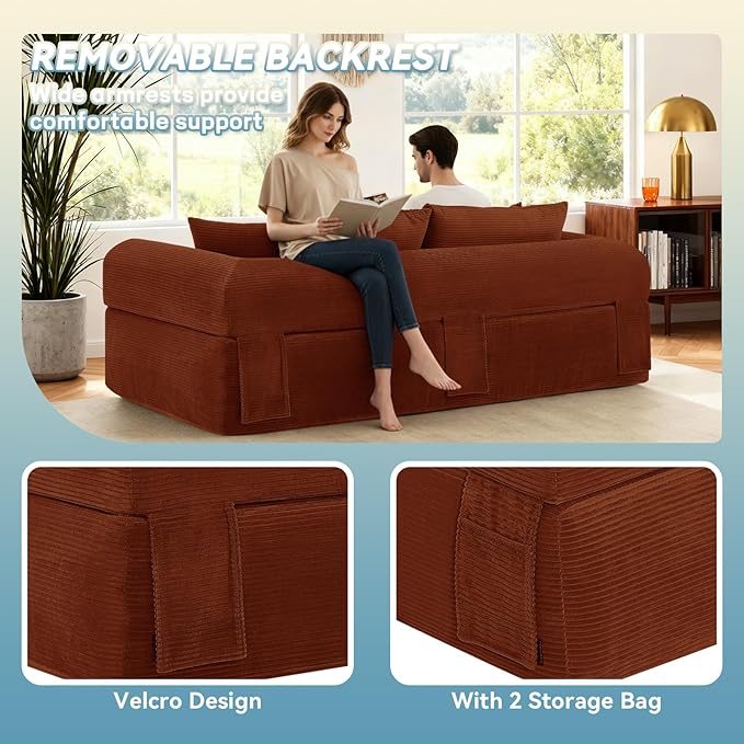 GJQ 3 Seater Couch for Living Room,83" Sofa in a Box,Cloud Sofa Bed with Tufted Cushion & Backrest, Corduroy Boneless Couch Upholstered Floor Sofa with Storage Pockets,No Assembly Required,Orange