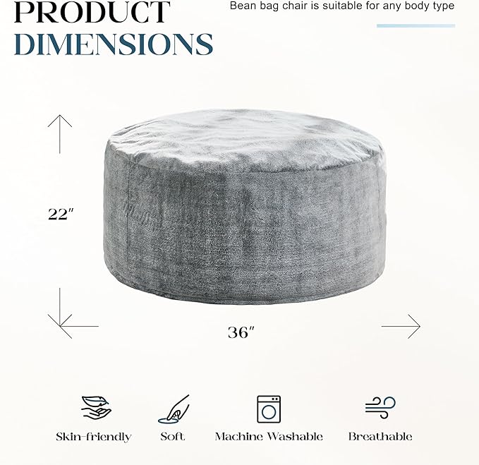 Hobestluk Bean Bag Chairs Giant Beanbag Chair with Filler, Memory Foam Bean Bags with Fluffy & Machine Washable Cover, Bean Bag Chairs for Aduts for Living Room, Bedroom (Grey, 3FT - 36” x 36” x 22”)