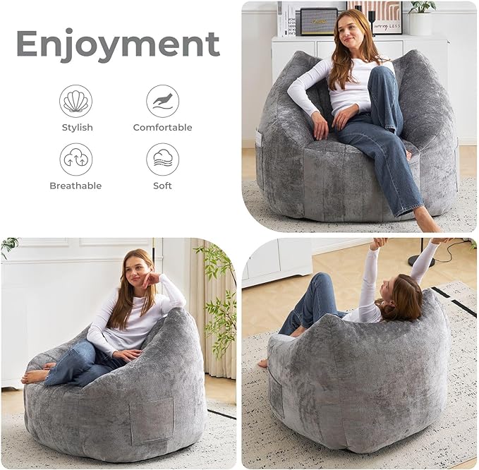 Giant Bean Bag Chair for Adults,Oversized Bean Bag with Filling Plush Fluffy,BeanBag Floor Sofa Chair with with Back Support for Living Room, Bedroom, Reading,Grey