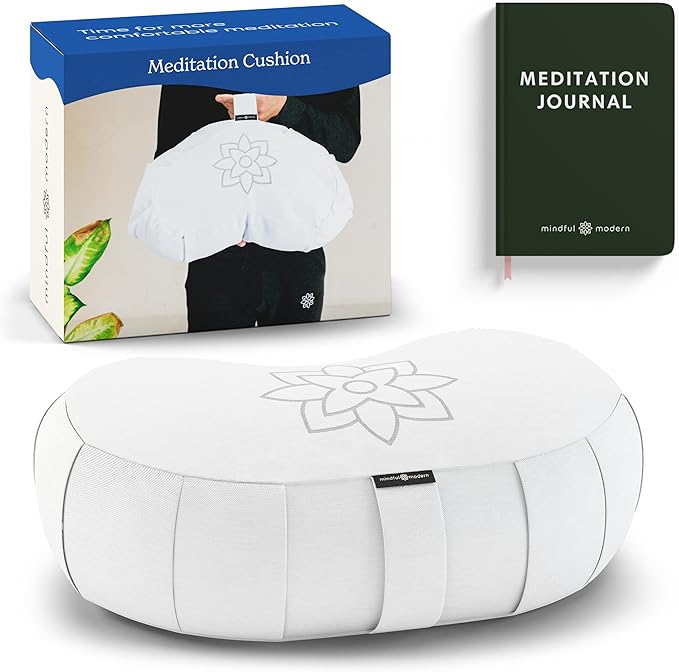 Mindful Modern Large Meditation Cushion | Zafu Yoga Bolster Meditation Floor Pillow Seat | Buckwheat Hull Filled Crescent Shaped Cushion with Removable Washable Cover + Carry Handle | White