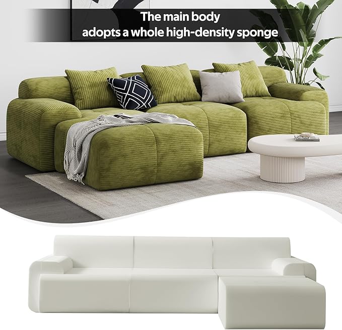 Aosaifen Modern L-Shaped Modular Sectional Sofa for Living Room，Oversized 3-Seater Couch with Deep Seat and Movable Ottoman – No Assembly,Comfortable Corduroy Fabric Boneless Sofa (Green)