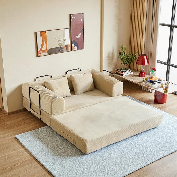 59 Inch 5-in-1 Convertible Sofa Bed, Corduroy Boneless Floor Couch with Fixed Frame & Pillow, Modular Folding Mattress Lounger for Small Space, Living Room, Bedroom - Easy Assembly(Beige)