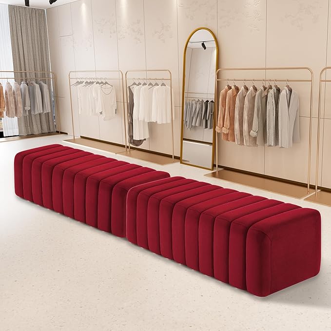 MCombo Waiting Room Benches, Guest Reception Lobby Chairs for Salon, Velvet Upholstered Ottoman for Bedroom Entryway 4698 (Red)
