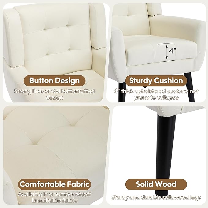 OO BY ORANGE ONLINE Set of 2 Linen Accent Chair, Mid-Century Modern Tufted Armchair for Living Room, Bedroom & Office (Beige)