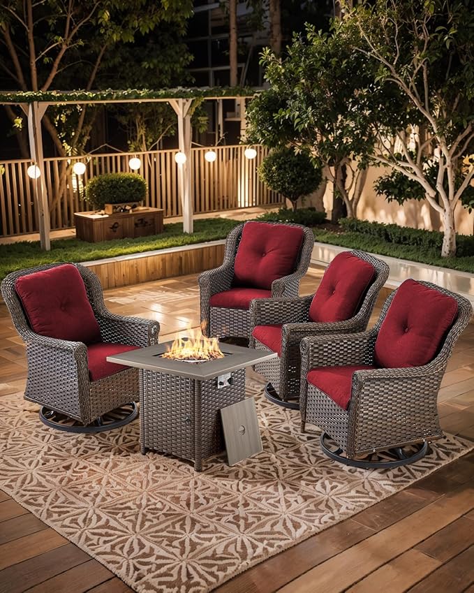 ACTREST Outdoor Patio Swivel Gliders with Fire Pit Table 5 Piece Set - High Back Brown Wicker Rattan Rocking Chair with Thick Cushion for Porch Apartment Deck Yard Poolside Garden - Red