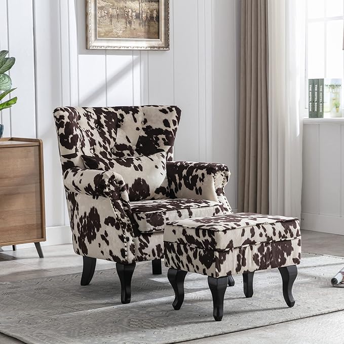 DM Furniture Set of 2 Mid-Century Modern Accent Chair with Ottomans, Velvet Armchair w/Tufted Back/Wood Legs, Upholstered Lounge Arm Chair Single Sofa for Living Room Bedroom, Cow Print