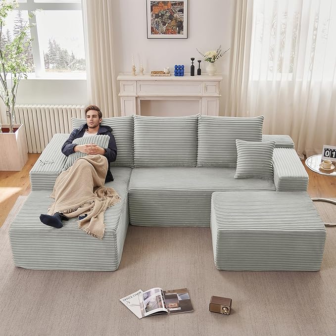 Lakifun 107" L-Shape Sofa with Ottoman, Modern Modular Sectional Comfy U-Shape Cloud Couch, Deep Seat, Upholstered Corduroy Sleeper Chaise Longue for Living Room Bedroom, No Assembly Required, Grey