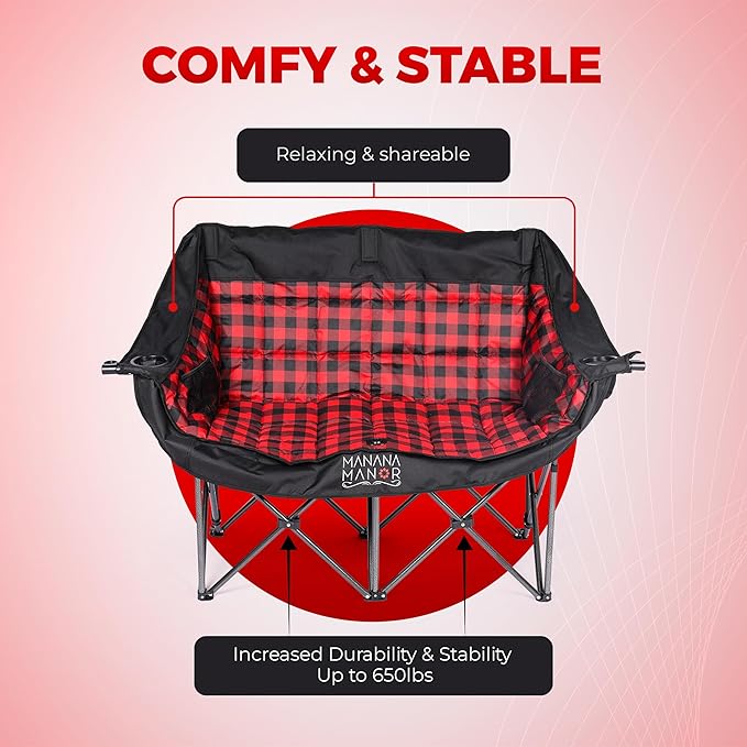 Double Camping Chair with 650lbs Weight Capacity for 2 Person – Portable & Foldable Extra Padded Camping Couch with Cup Holder & Carry Bag for Patio, Beach, Lawn, RV, Camping, Tailgate