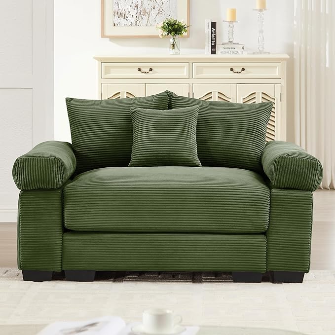 KEIKI 54" Oversized Corduroy Modular Sectional Single Sofa with High-Density Foam Cushions, Extra-Thick Armrests, Upholstered Modern 1-Seater Lounge Accent Chair with 3 Pillow, for Living Room, Green