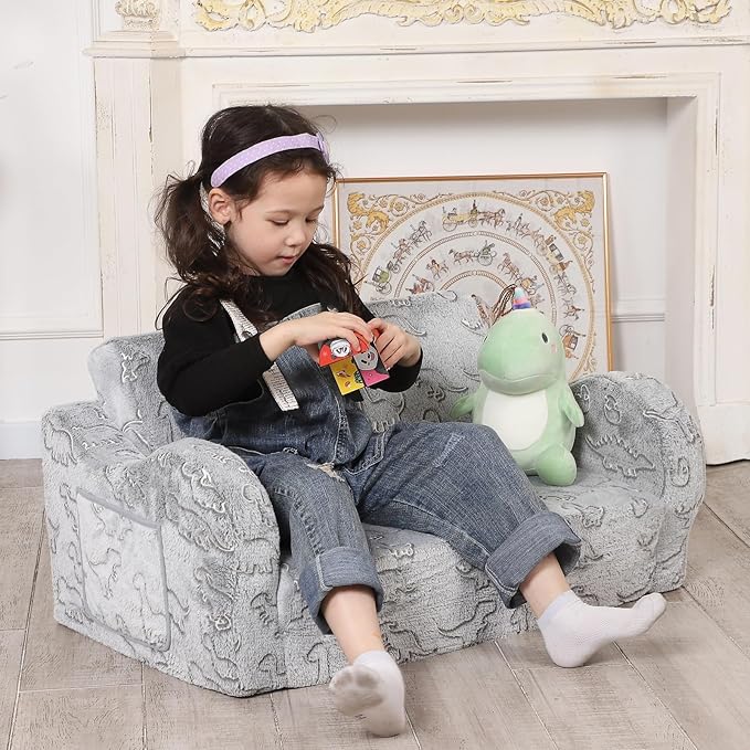 Kids Sofa, 2-in-1 Flip-Out Foam Couch with Soft Sherpa Cover, Cozy Play Lounge Chair, Extra Wide, Glow in The Dark Grey