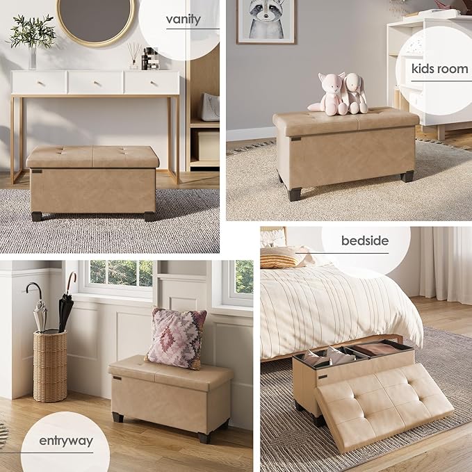 Storage Ottoman Bench with Bins, 30-in Storage Bench for Bedroom End of Bed, Folding Foot Rest Ottoman for Living Room Max 660lbs, Faux Leather Ottomans, Taupe