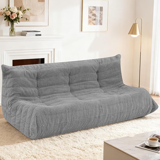 HABUTWAY Bean Bag Chairs Fireside Lazy Floor Sofa, Soft Teddy Fleece 3 Seater Sofa with High-Resilience Foam Filling，Beanbag for Living Room, Bedroom, Office (Light Gray Teddy)