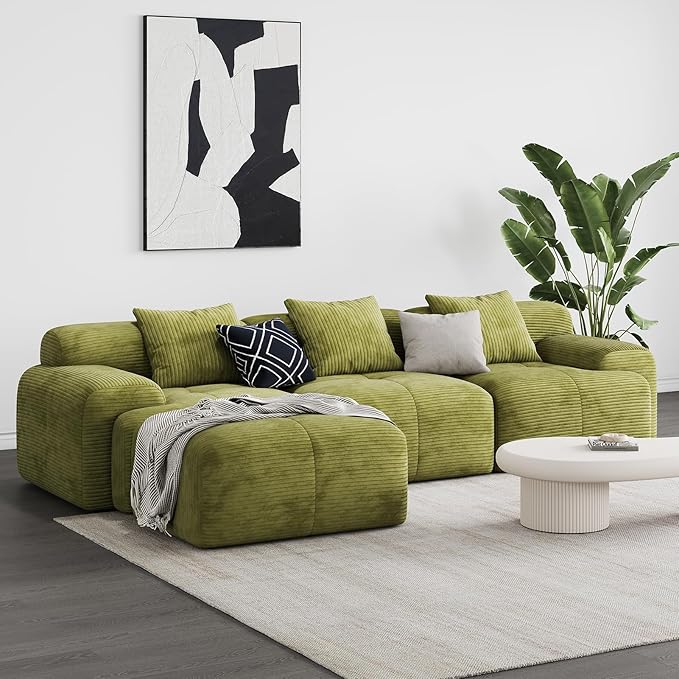 Aosaifen Modern L-Shaped Modular Sectional Sofa for Living Room，Oversized 3-Seater Couch with Deep Seat and Movable Ottoman – No Assembly,Comfortable Corduroy Fabric Boneless Sofa (Green)