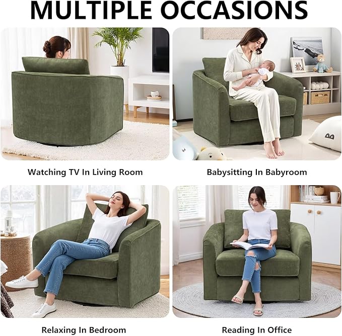 MINCETA Oversized Accent Chair for Living Room, 360° Swivel Barrel Chair with High Density Foam, Modern Glider Chair with Performance Fabric Upholstered Armchair for Apartment, Bedroom Green