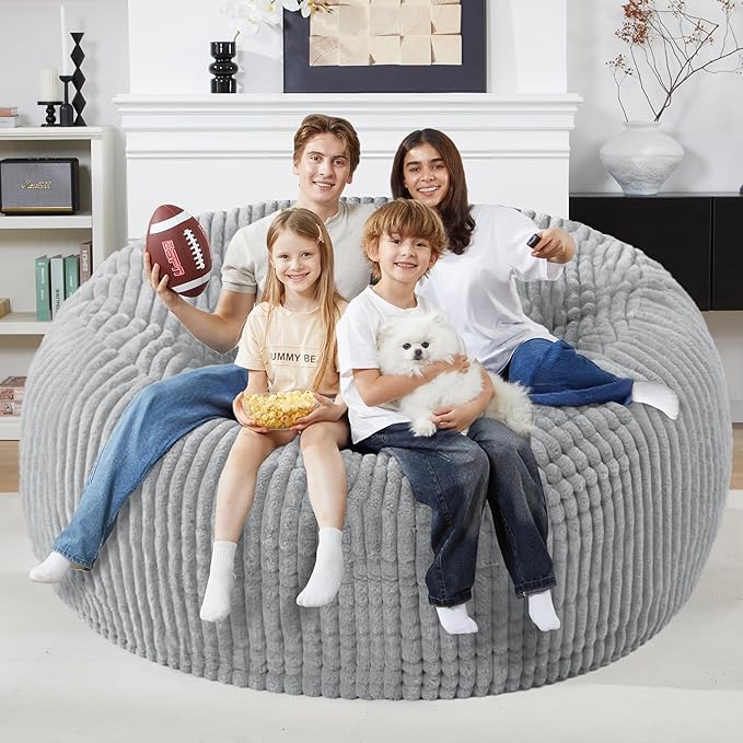 Homguava 6 FT Bean Bag Chair,6' Big Bean Bag,Giant Bean Bag Chairs for Adults with Memory Foam Filled,Comfy Large Beanbag Chairs Soft Bean Bag Sofa with Dutch Corded Plush Cover-Light Grey