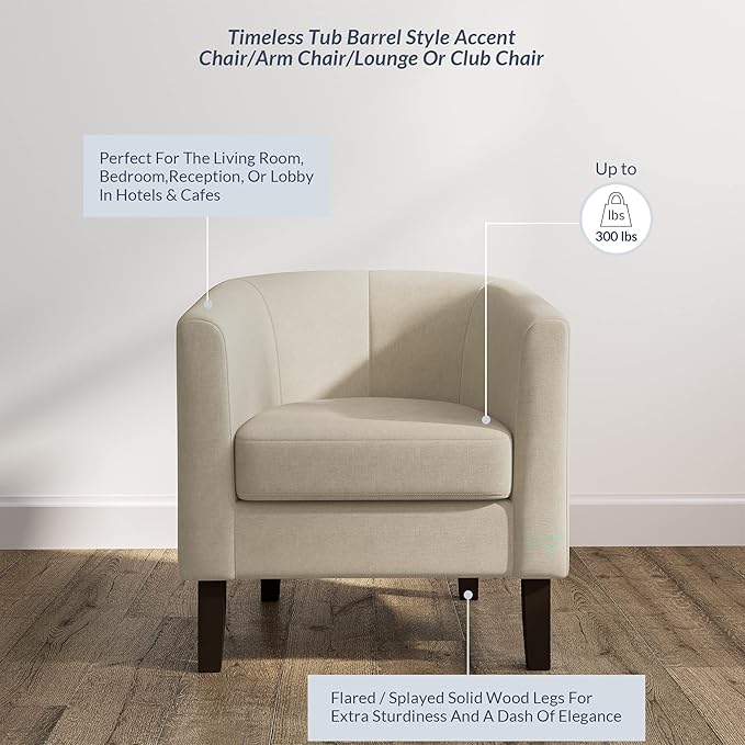 BELLEZE Accent Barrel Chair, Linen Round Club Tub Sofa Corner Chair with Flared Legs and Cozy Soft Padding for Living Room Bedroom Waiting Room - Beige