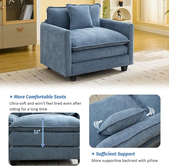WUTUTUEE 41'' Modern Chenille Oversized Chair, Upholstered Accent Living Room Chair with Extra Thicked Deep Seat, Single Lounge Chair for Bedroom, Small Apartment, Blue
