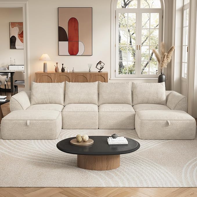 132" Modular Sectional Sofa with Deep Seat, U-Shaped Cloud Couch for Living Room, 4-Seater Boneless Sofa with 2 Ottomans, Flexible Combination Modern Upholstery Sofa, No Assembly Required, Apricot