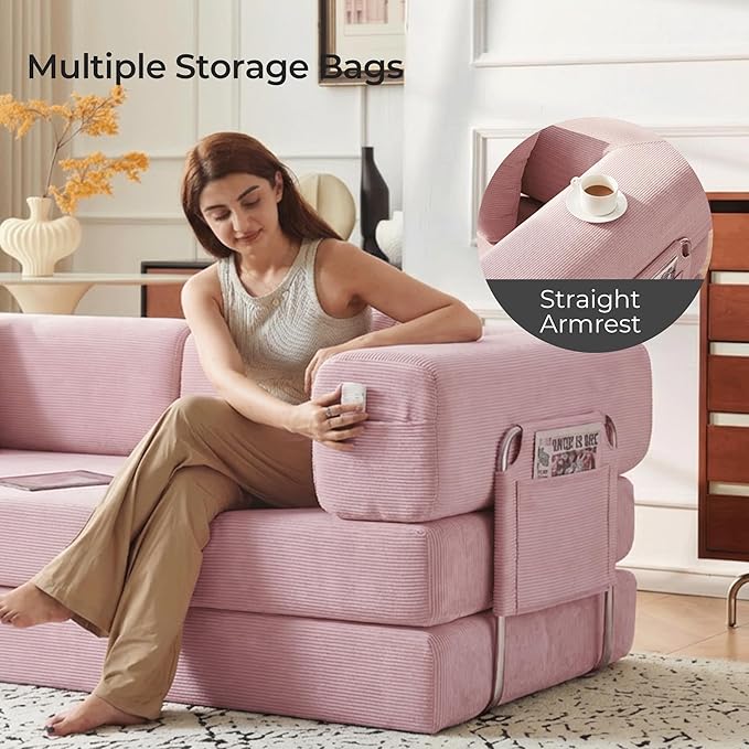 79" Convertible Sofa Bed with Pillows, Corduroy Folding Sleeper Sofa with Fixed-Shape Frame, Boneless Couch for Living Room Bedroom, Floor Sofa Lounge No Assembly Required (A - Style - Pink)