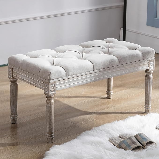 DM Furniture Upholstered Fabric Entryway Bench, Tufted Piano Bench for 2 People, Rubber Wood Legs with Beautiful Carved Pattern for Bedroom/Living Room/Dining Room (Beige)