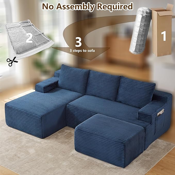 96" U-Shape Cloud Couch, Modern Modular Sectional L-Shape Sofa with Ottoman, Corduroy Upholstered Couches Deep Seat Sleeper Chaise Longue for Living Room, No Assembly Required(Blue, Left Facing)