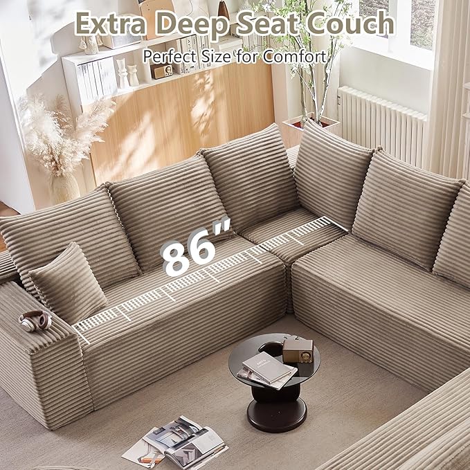 Sectional Cloud Couch for Living Room, Big Comfy Corduroy Couches Set with Fluffy Memory Foam, Modular Floor Deep-Seat Sofa, Stupendous U Shaped Sofas with 12 Pillows, No Assembly Required, Camel