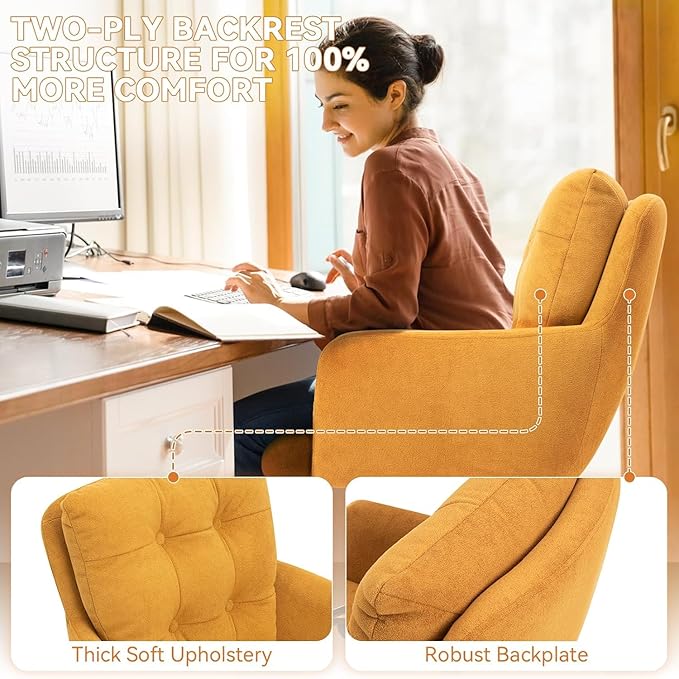 BALIAA Flannel Office Chair, Comfy Home Office Desk Chairs with Lumbar Support, Modern Velvet Desk Chair Gold Legs Small Swivel Task Chair for Home Office, Bedroom, Study (Yellow, L)