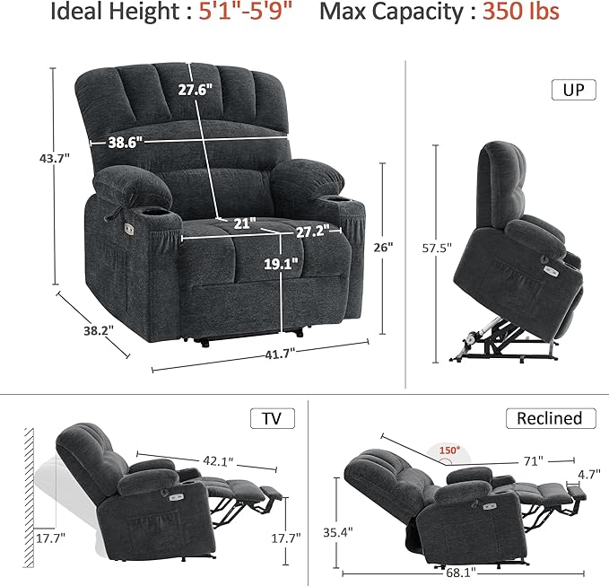 MCombo Power Lift Recliner Chair for Elderly, Lift Chair with Heat and Massage, 150° Max Recline, Extra Wide Lift Recliner for Big People, Fabric R7096 (Medium-Wide, Dark Grey)