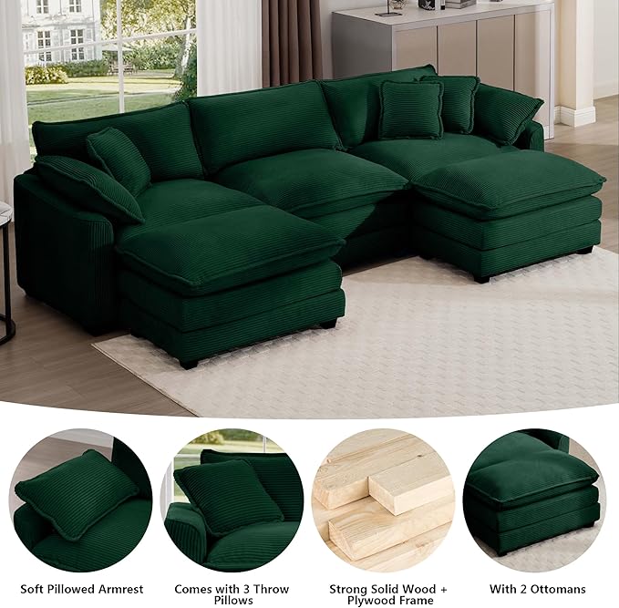 Aoowow Corduroy 3 Seater Couch with Ottomans,Modern Large Cloud Couches for Living Room,U Shaped Modular Sectional Cloud Sofas Deep Seat,Oversized Tufted U Shape Sofa Set (Green, 3 Seater + 2 Ottoman)