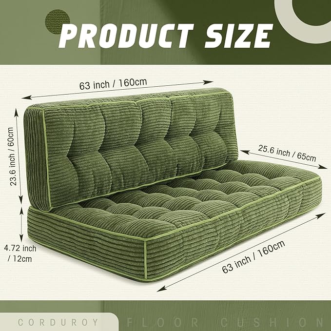 Vercraft 63 Inch Folding Bench Cushion, 4 Inch Thick 2-in-1 Convertible Long Floor Lounger Boneless Cushions Couch Mattress Upholstered for Yoga, Reading, Sleeping, Meditation Living Room(Dark Green)