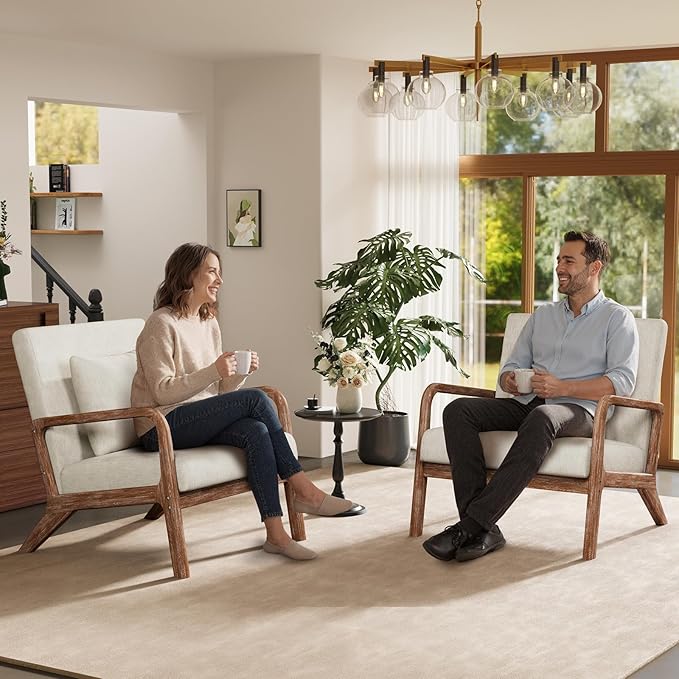 ELUCHANG Mid-Century Modern Chair,Accent Chair with Lumbar Pillow,Upholstered Armchair,Linen Fabric Comfy Reading Chair Beige, Linen, New Armrest, Set of 2