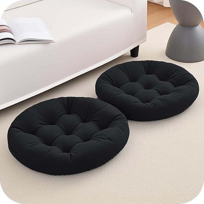 2Pcs Floor Pillows for Adults, 22x22 Inch Meditation Cushions, Large Round Sitting Cushion Living Room Memory Foam Pillow for Sitting (2, Black, 22x22x4 Inch)