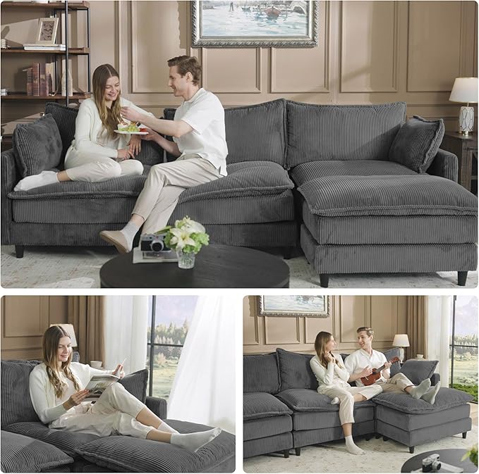 Apicizon 143" Cloud Couch Sectional, 4-Seat Deep Sofa Couch with Ottoman, Modern U Shape Sectional Cloud Sofa Corduroy for Living Room, Apartment, Office, Grey